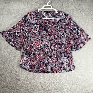 Roz & Ali Navy and Red Paisley Round Key Hole Neck Blouse Flutter Short Sleeve